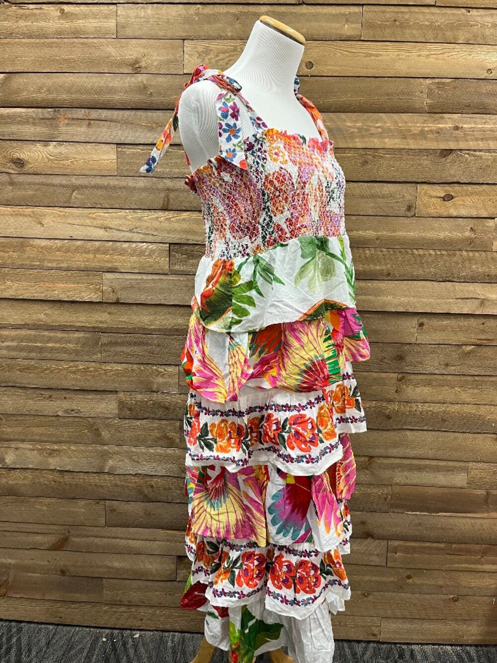 NWT FARM Rio tiered smocked boho multicolor tropical floral midi dress w/ ties - Picture 3 of 4